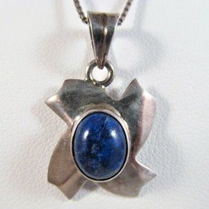 Sterling 925 Silver Lapis Lazuli Gemstone Abstract Pendant Necklace Vintage